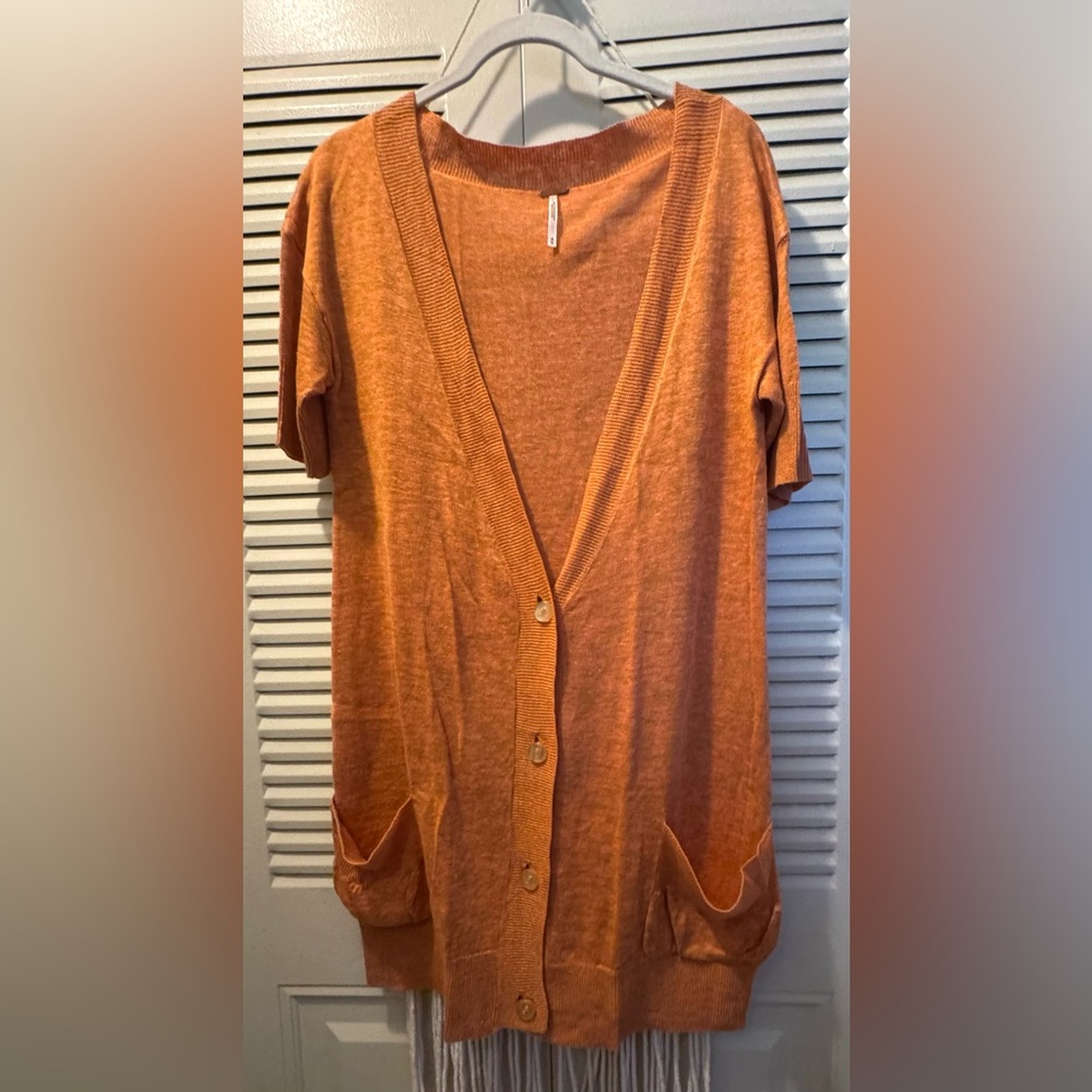 FREE PEOPLE Y2K Linen Blend Short Sleeve Long Cardigan